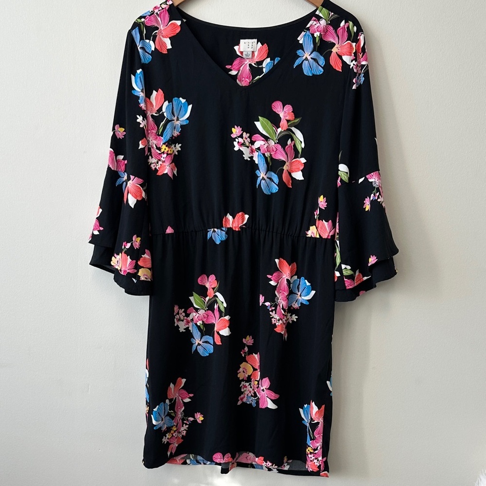 Whimsigoth Bell Sleeve V-neck Floral Black Dress